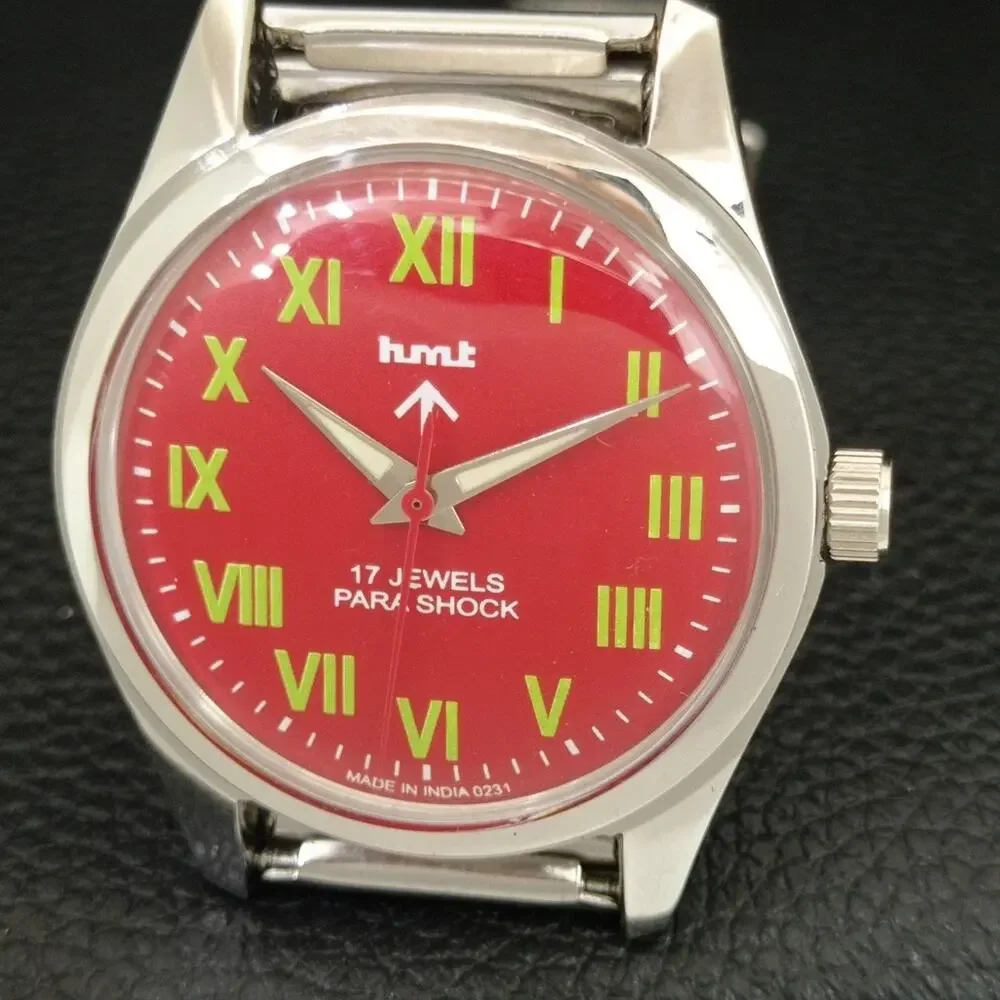 Vintage 1986 HMT Manual Wound Mens Silver Watch & Red accents